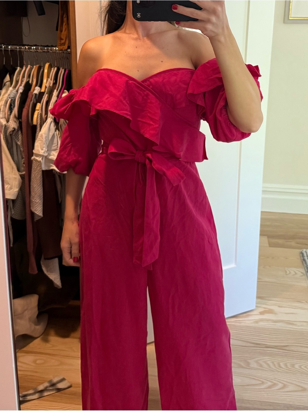 Club Monaco Fuchsia One-Shoulder Ruffle Midi Dress with Waist Tie